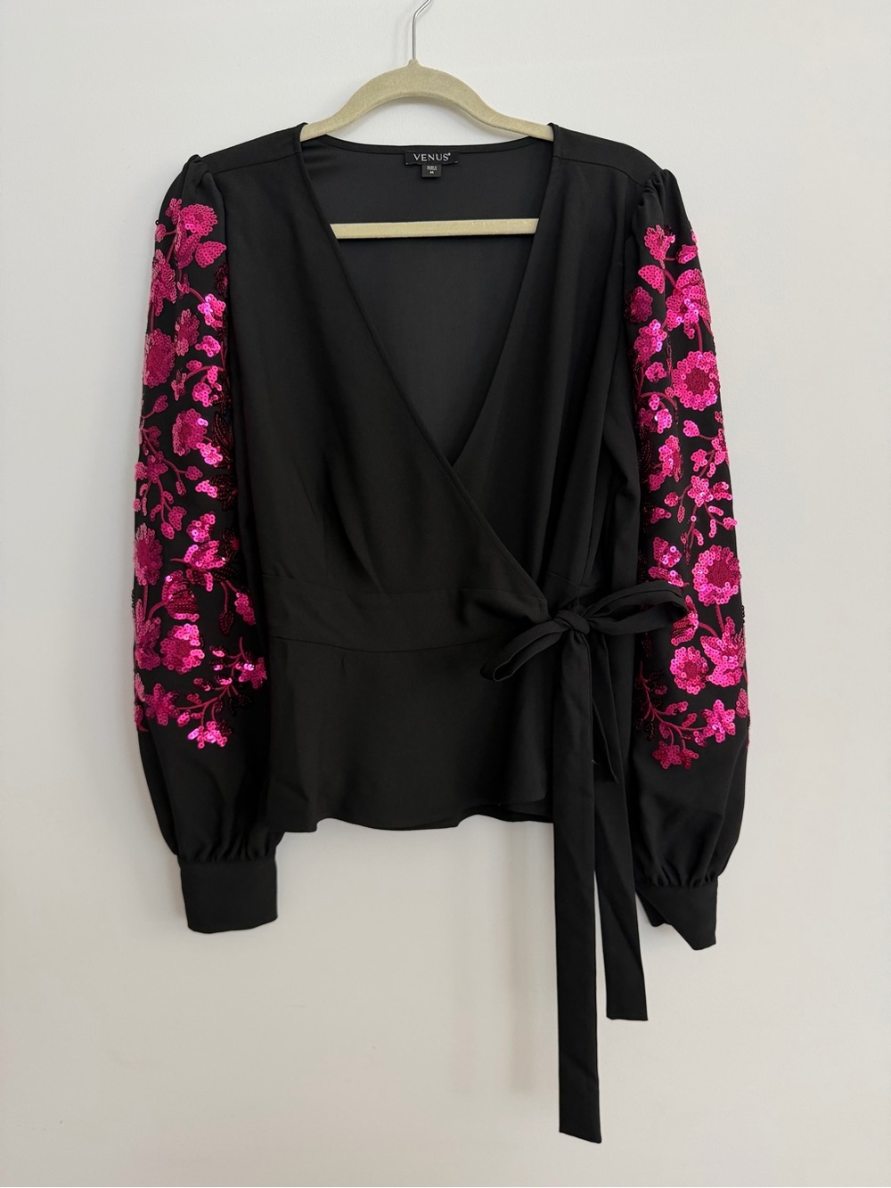 VENUS Black Wrap Blouse with Hot Pink Sequin Floral Sleeves